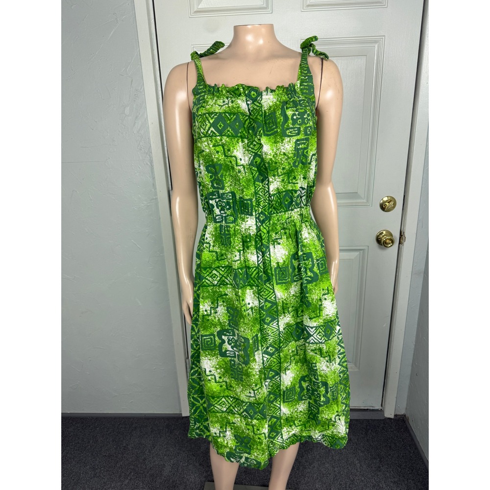 Vintage 70s 80s Women's Dress Cotton Printed Hawaiian Tribal Summer Aloha A3-6